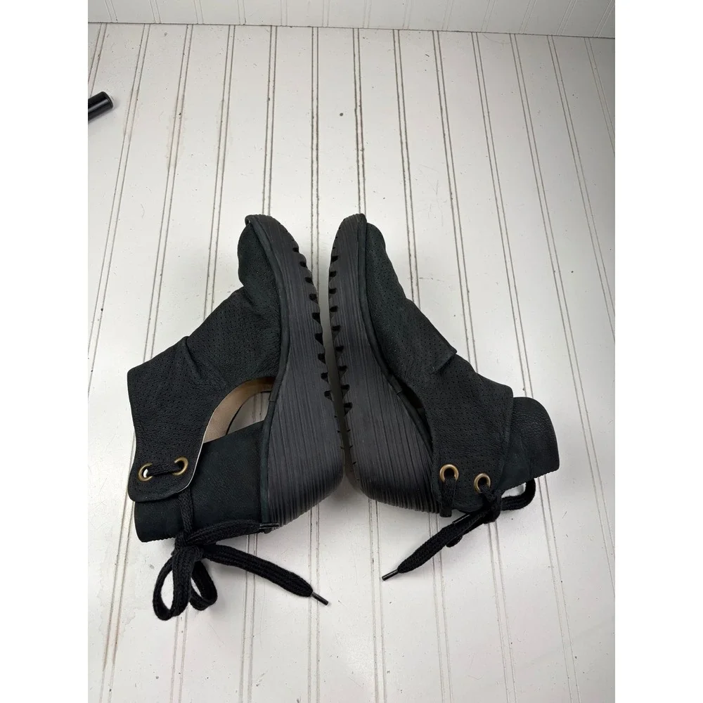 Fly London Yema Black Perforated Lace Up Wedge Sandals Women's Size 40 US 9-9.5
